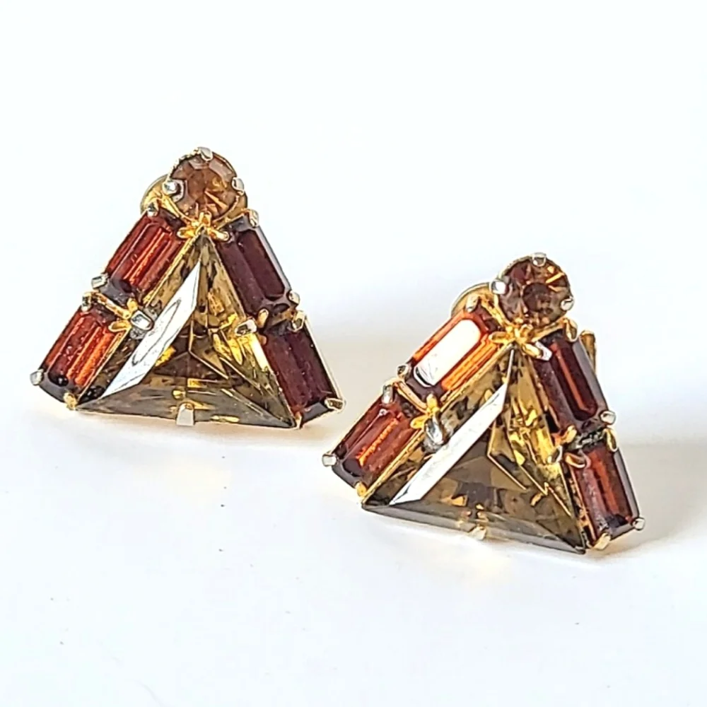 Art Deco Cognac Triangular Crystal Clip Earrings - Vintage Earth Tone Colors